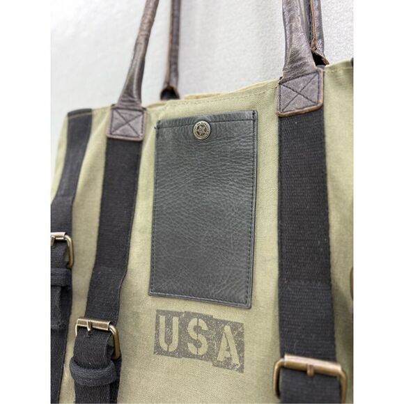 Mona B Womens Khaki Green Leather Upcycled Strapped Canvas USA Tote Bag - Picture 2 of 11